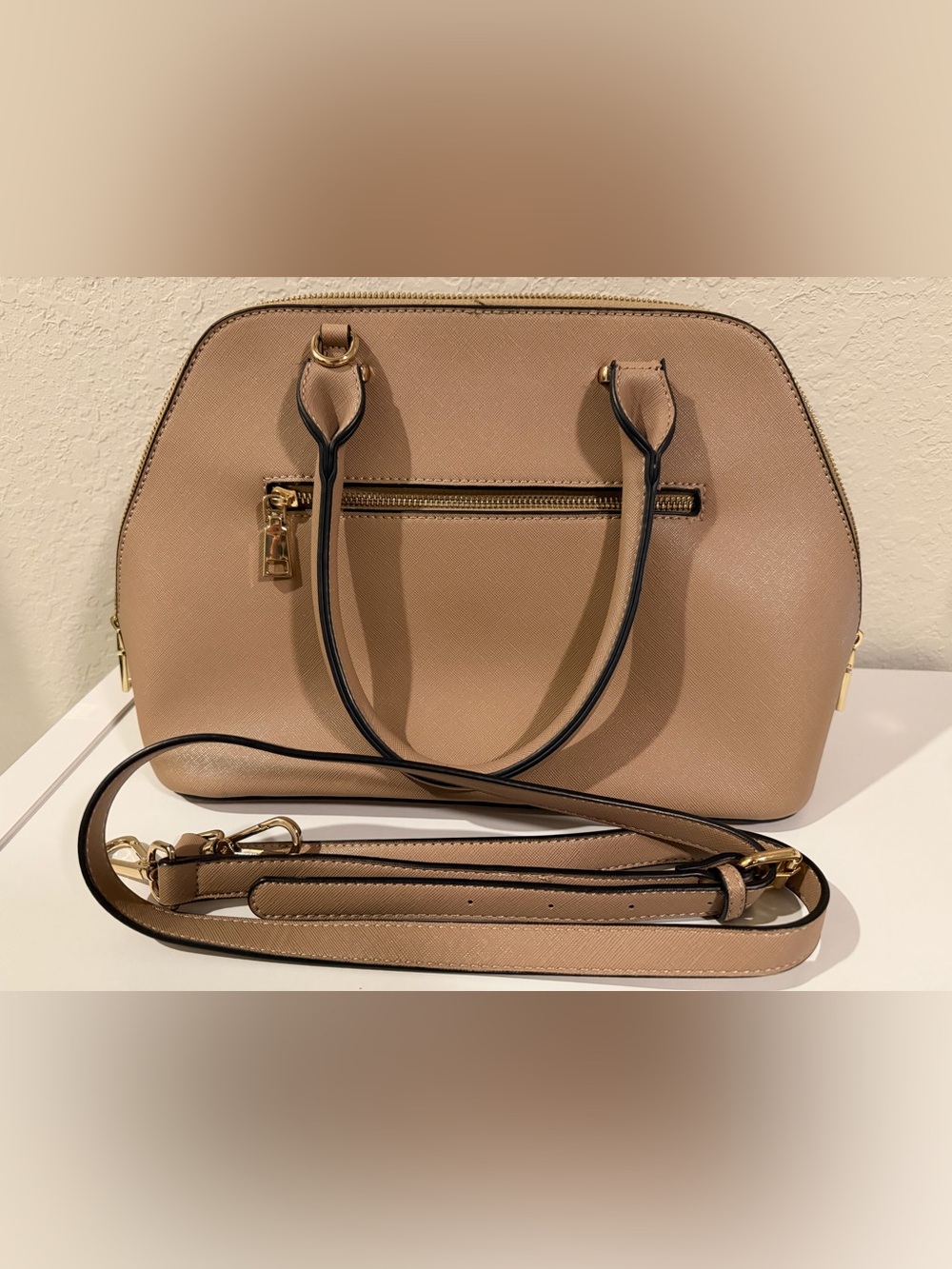 Beige Dome Satchel Handbag with Detachable Strap